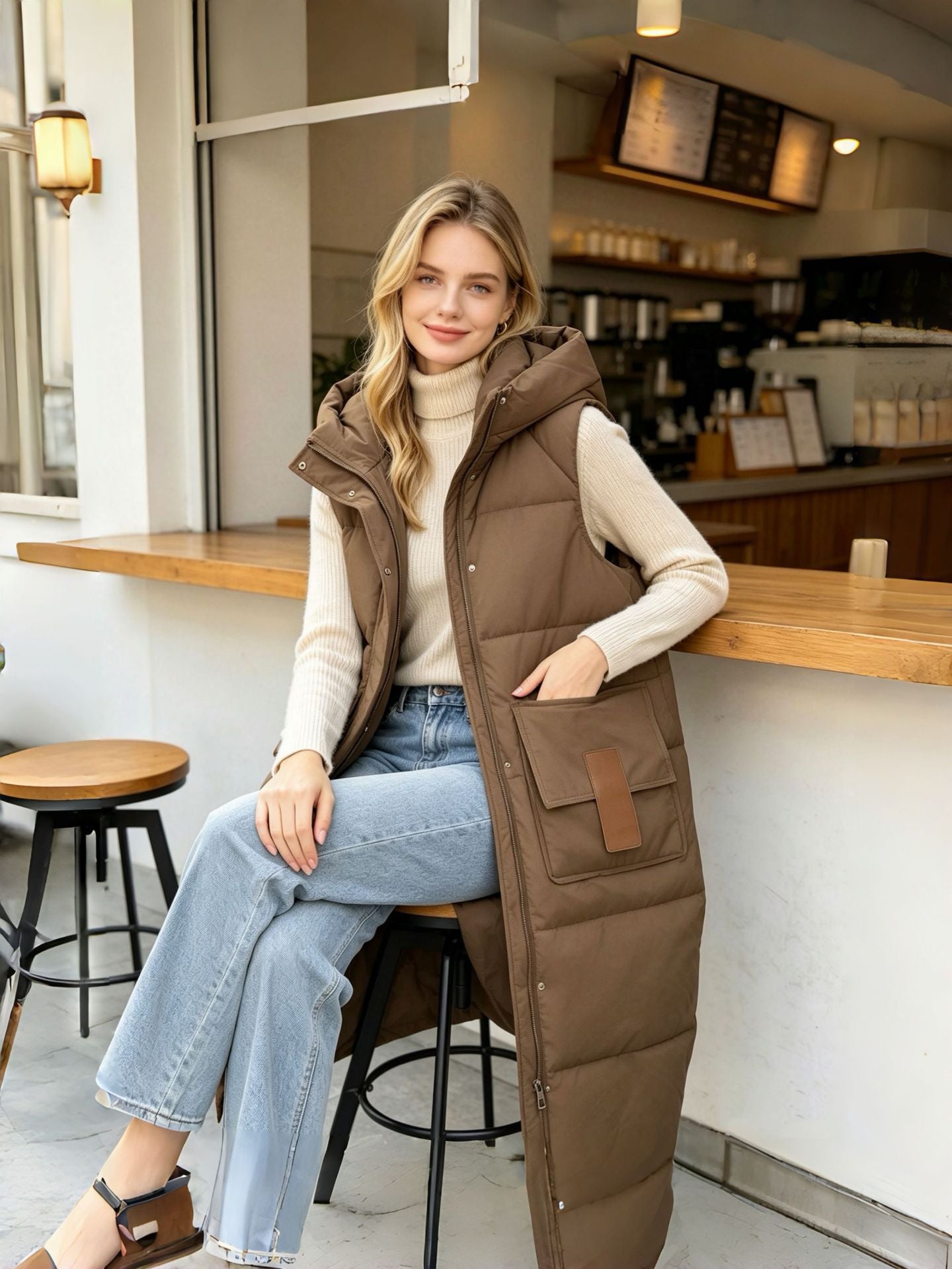 Women's Hooded Longline Puffer Vest — View 4