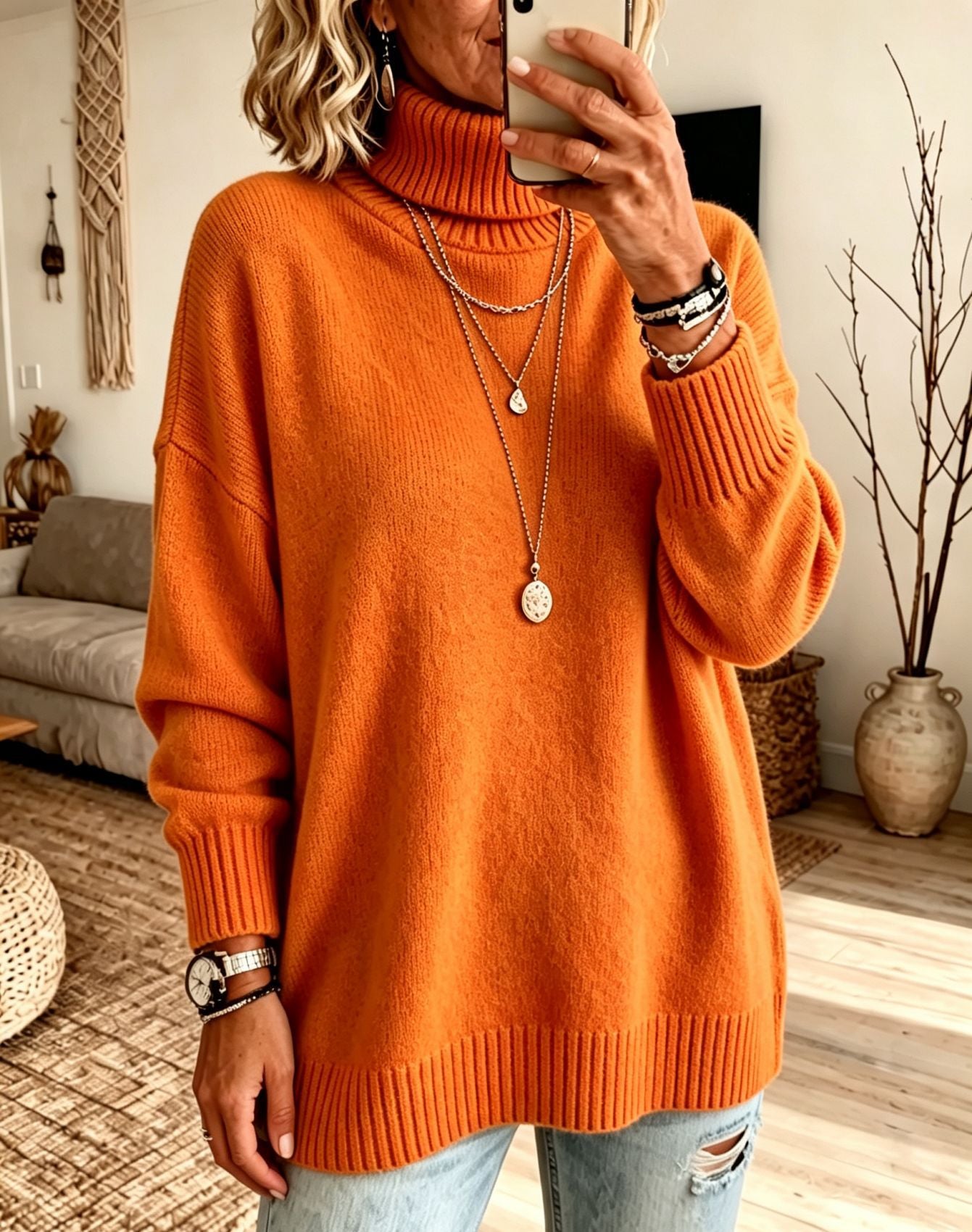 Women's Oversized Ribbed Fine Knit Turtleneck Sweater — View 10