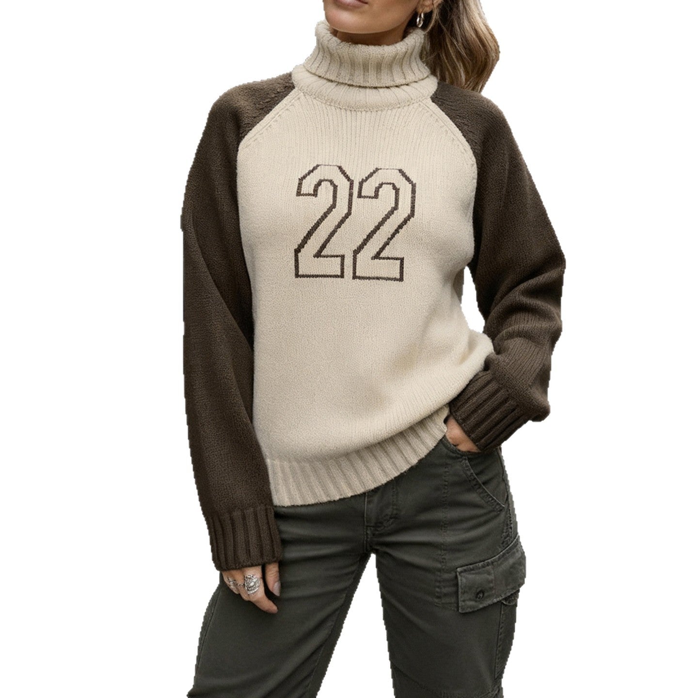 Women's Ribbed Colorblock Raglan Sleeve Turtleneck Sweater — View 5