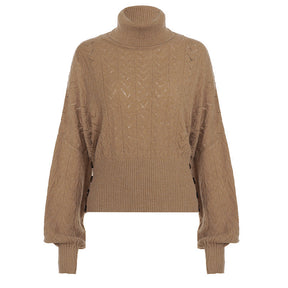 Women's Ribbed Balloon Sleeve Button Detail Turtleneck Sweater — View 6