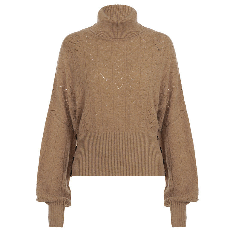 Women's Ribbed Balloon Sleeve Button Detail Turtleneck Sweater — View 6