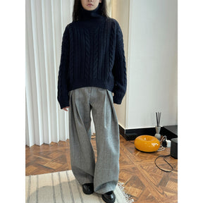 Women's Relaxed Fit Cable Knit Ribbed Turtleneck Sweater — View 3