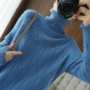 Women's Mohair Oversized Cable Knit Turtleneck Sweater — View 7