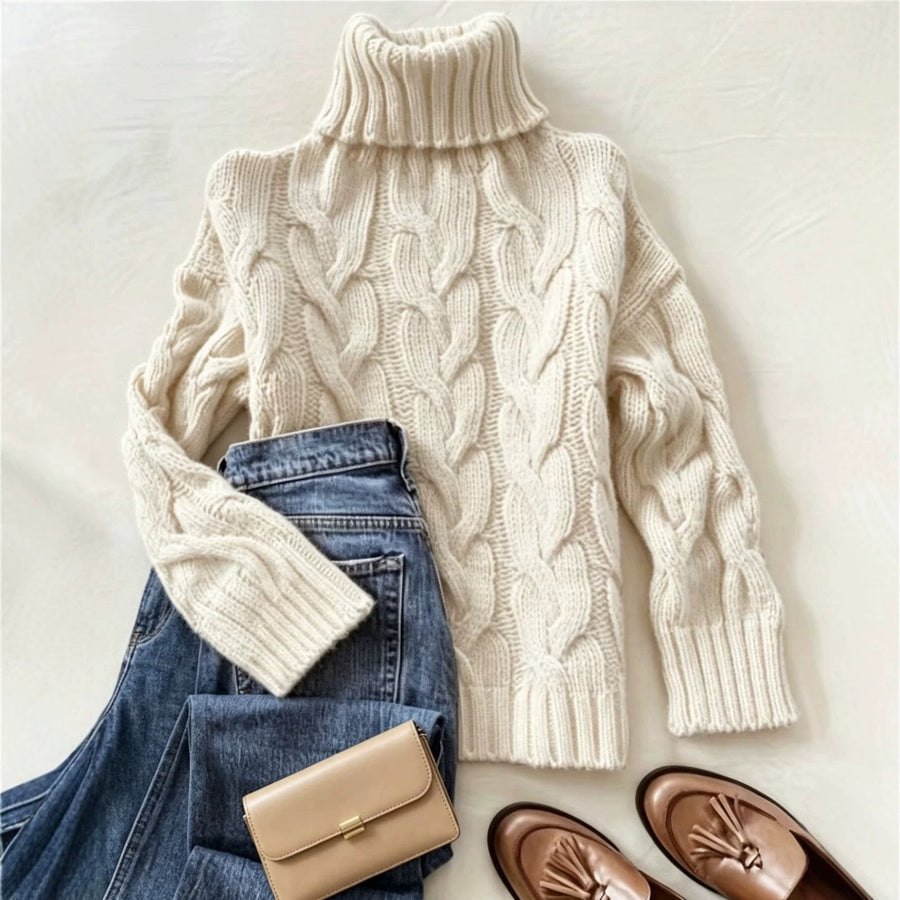 Women's Cable Knit Ribbed Chunky Knit Turtleneck Sweater — View 1