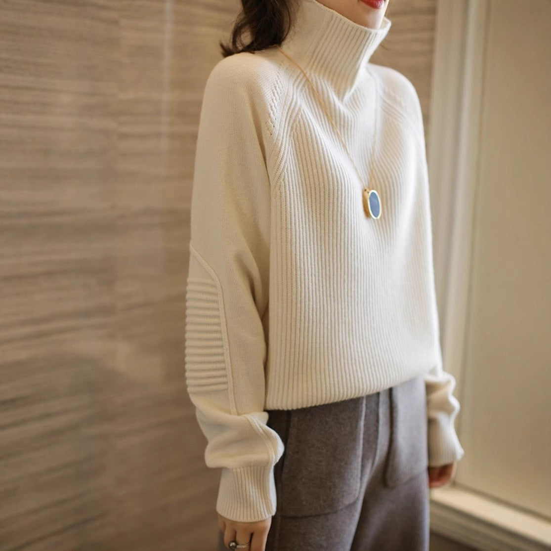 Women's Ribbed Fine Knit Raglan Sleeve Turtleneck Sweater — View 3