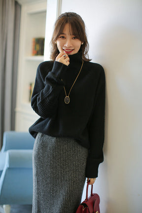 Women's Ribbed Fine Knit Raglan Sleeve Turtleneck Sweater — View 10