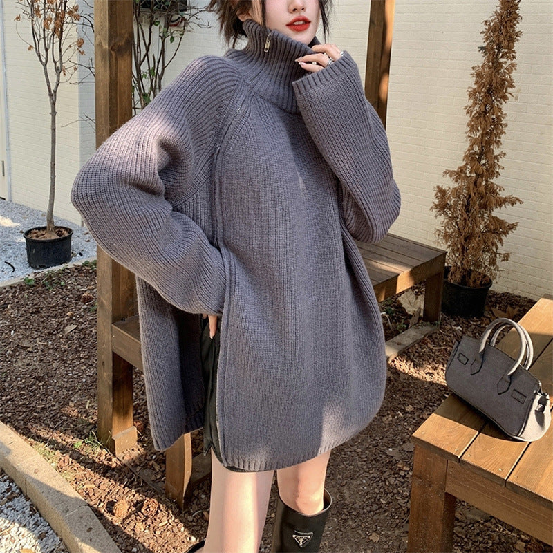 Women's Oversized Ribbed Zip Front Turtleneck Sweater — View 1