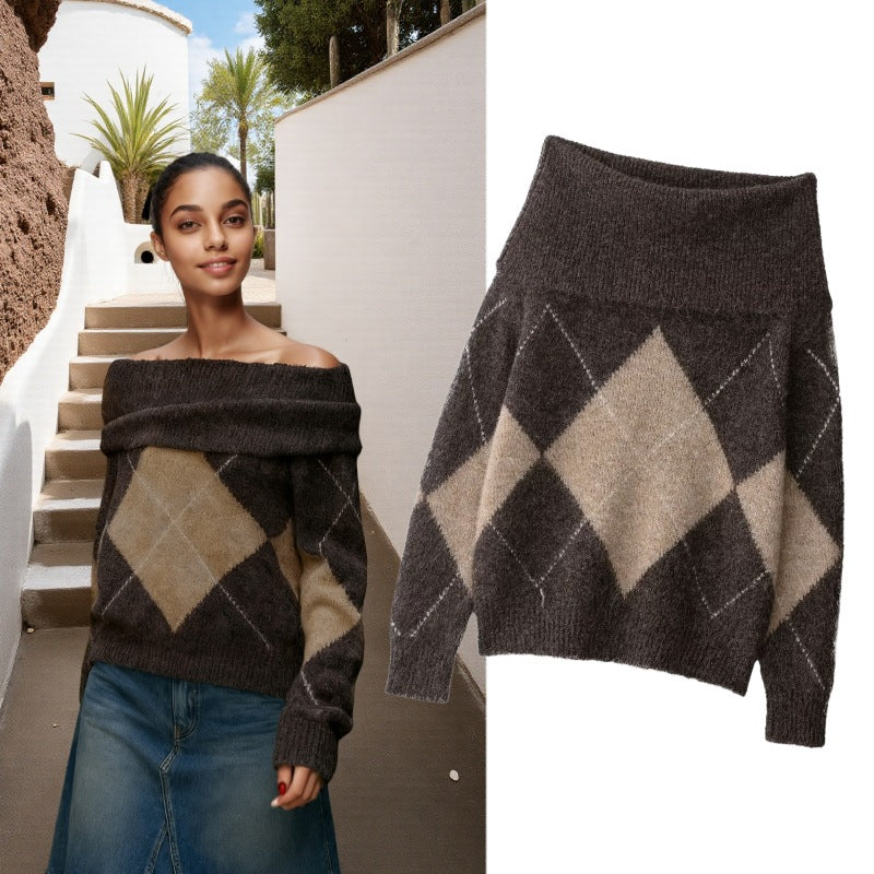 Women's Oversized Ribbed Geometric Turtleneck Sweater — View 1