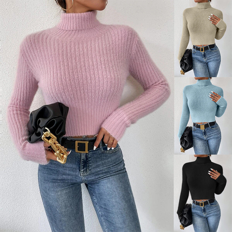 Women's Mohair Ribbed Cropped Turtleneck Sweater — View 1