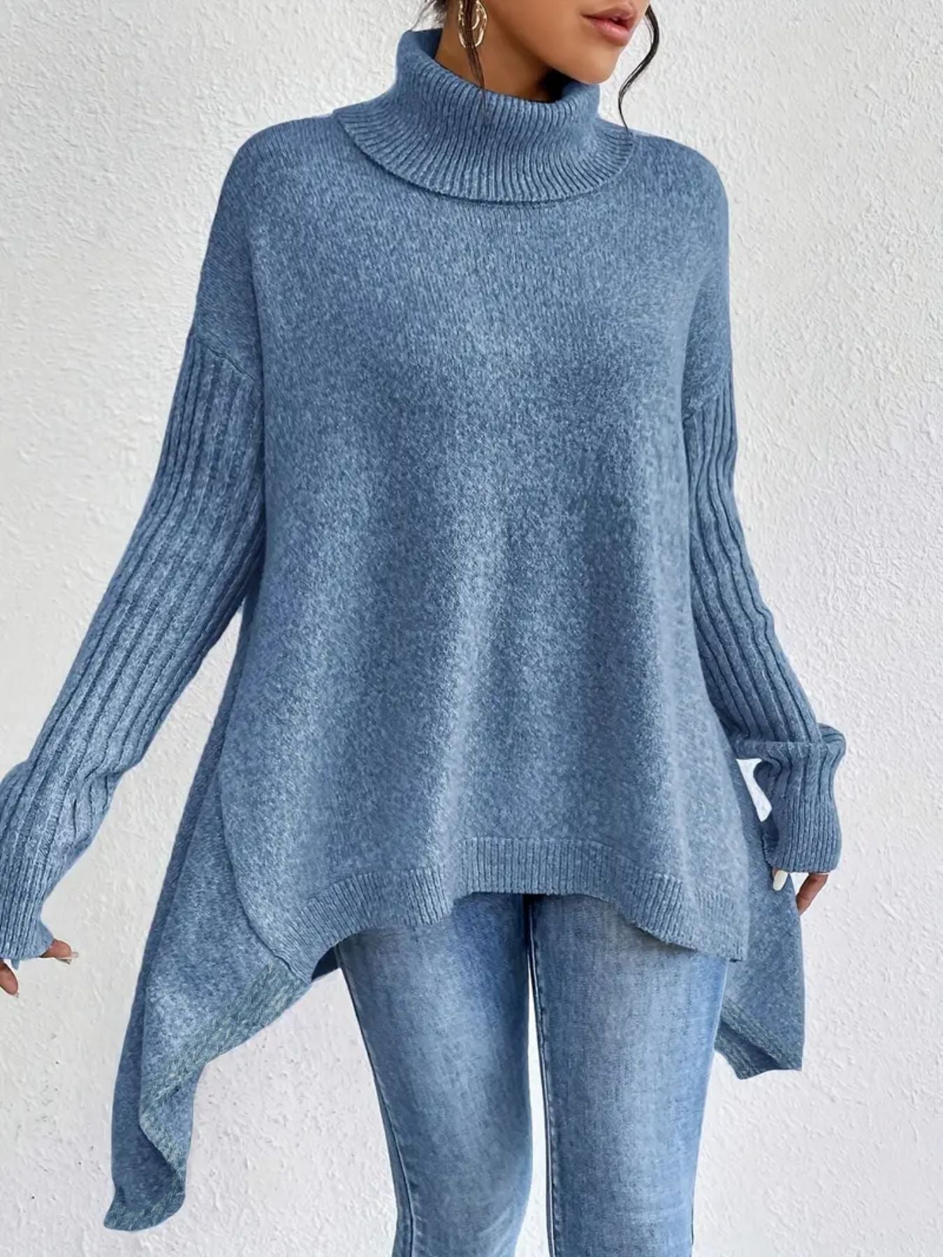 Women's Oversized Ribbed Asymmetric Turtleneck Sweater — View 2