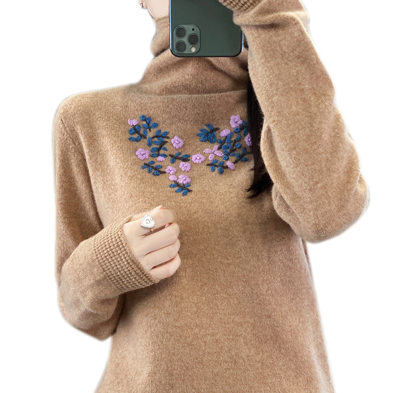 Women's Ribbed Fine Knit Floral Turtleneck Sweater — View 5