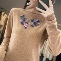Women's Ribbed Fine Knit Floral Turtleneck Sweater — View 9