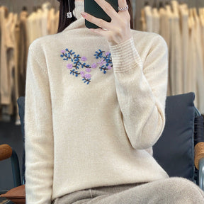 Women's Ribbed Fine Knit Floral Turtleneck Sweater — View 7