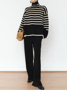 Women's Relaxed Fit Chunky Knit Striped Turtleneck Sweater — View 6