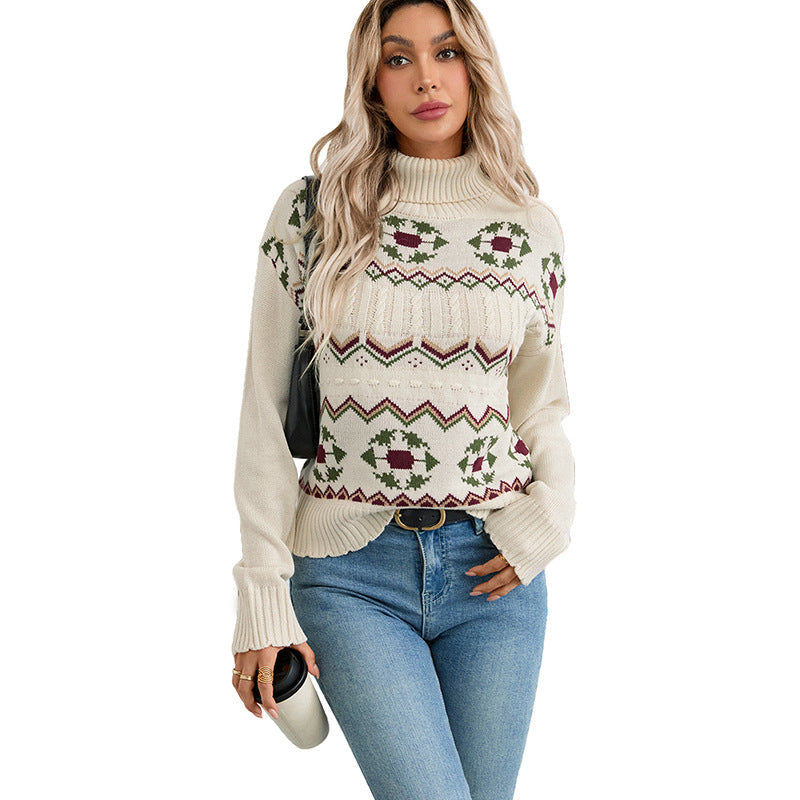Women's Cable Knit Ribbed Fair Isle Turtleneck Sweater — View 5