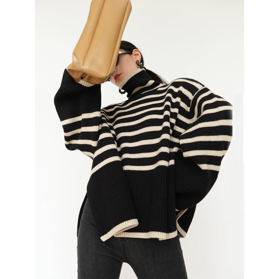 Women's Relaxed Fit Chunky Knit Striped Turtleneck Sweater — View 2