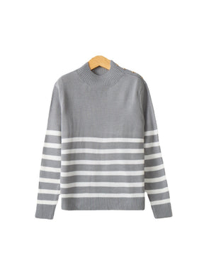 Women's Ribbed Fine Knit Striped Turtleneck Sweater — View 5