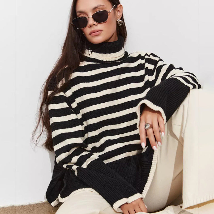 Women's Striped Turtleneck Sweater — View 1