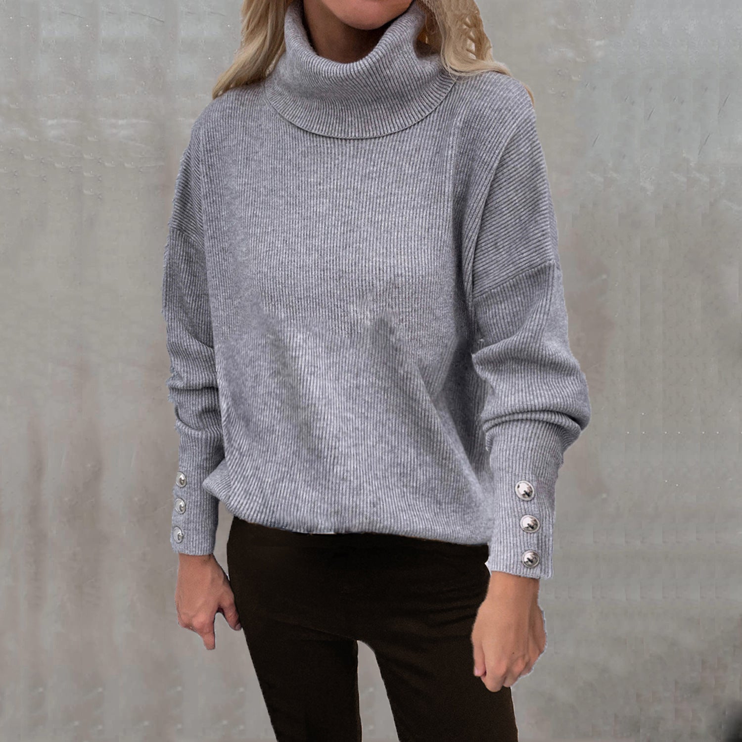 Women's Textured Button Detail Turtleneck Sweater — View 8