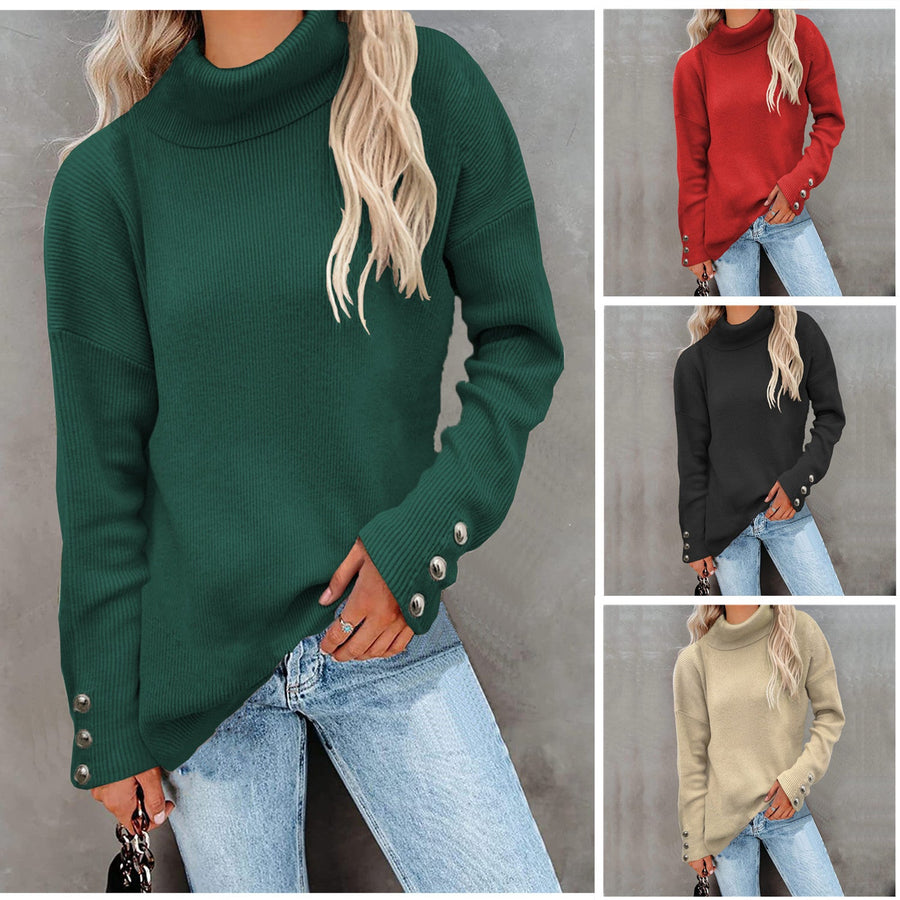 Women's Textured Button Detail Turtleneck Sweater — View 1