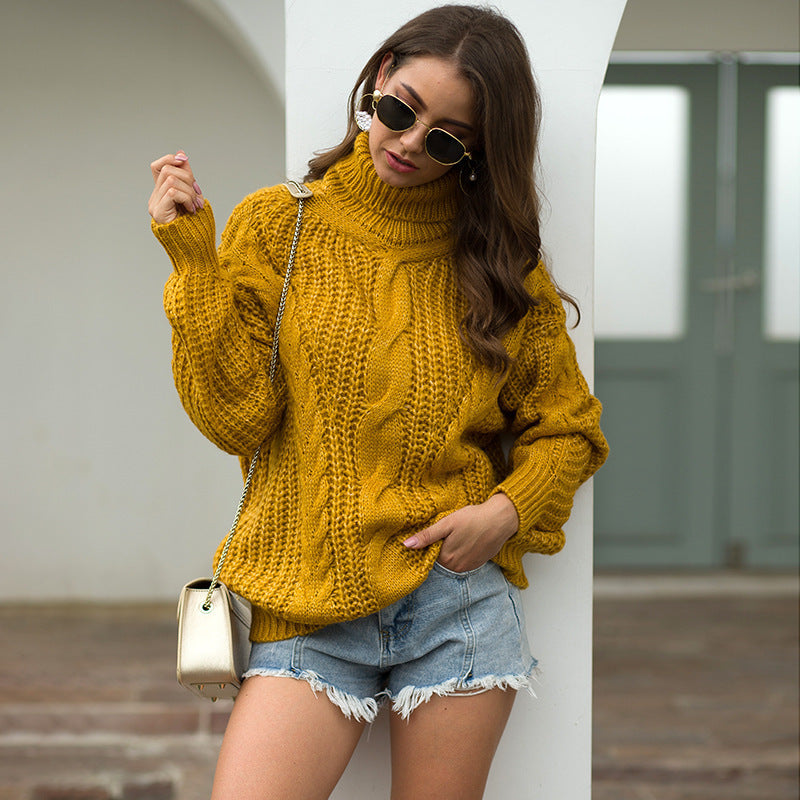 Women's Cable Knit Chunky Knit Turtleneck Sweater — View 3
