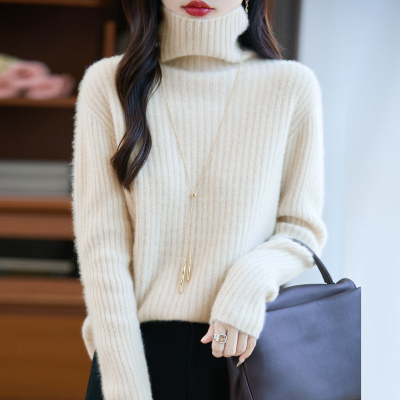 Women's Cashmere Ribbed Fine Knit Turtleneck Sweater — View 1