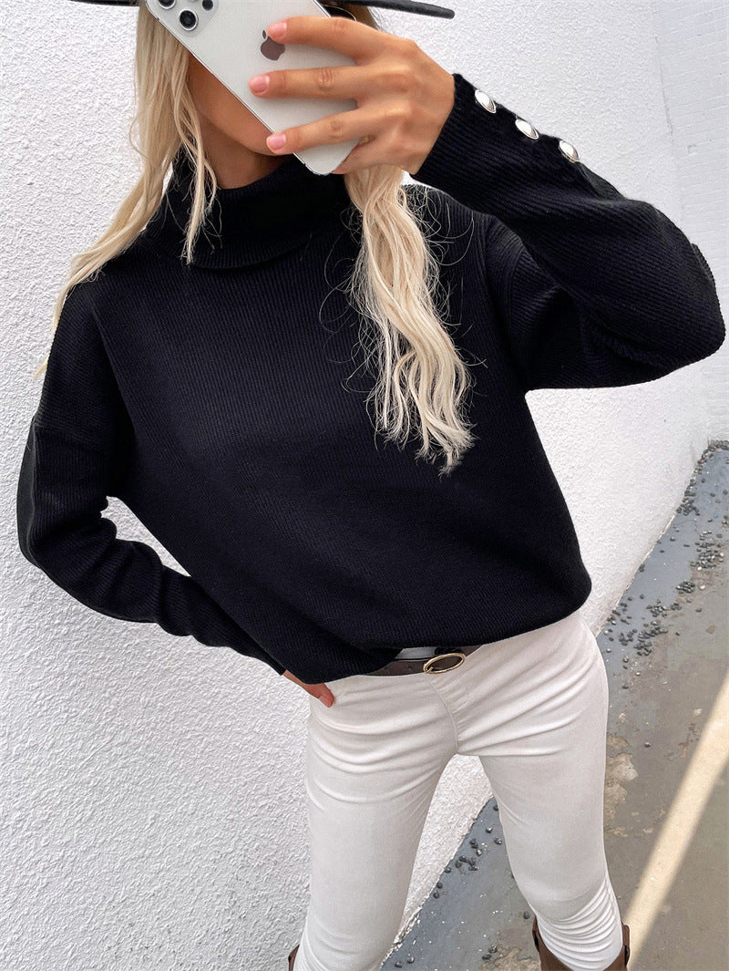 Women's Striped Button Detail Turtleneck Sweater — View 10