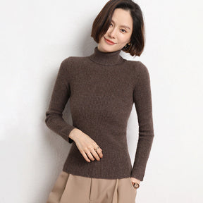 Women's Fitted Ribbed Fine Knit Turtleneck Sweater — View 16