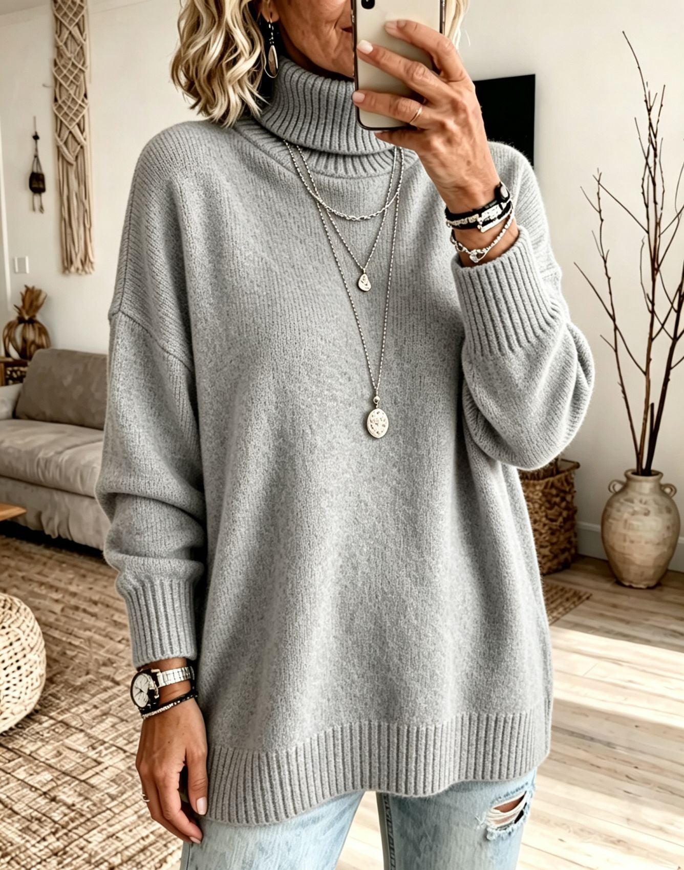 Women's Oversized Ribbed Fine Knit Turtleneck Sweater — View 11