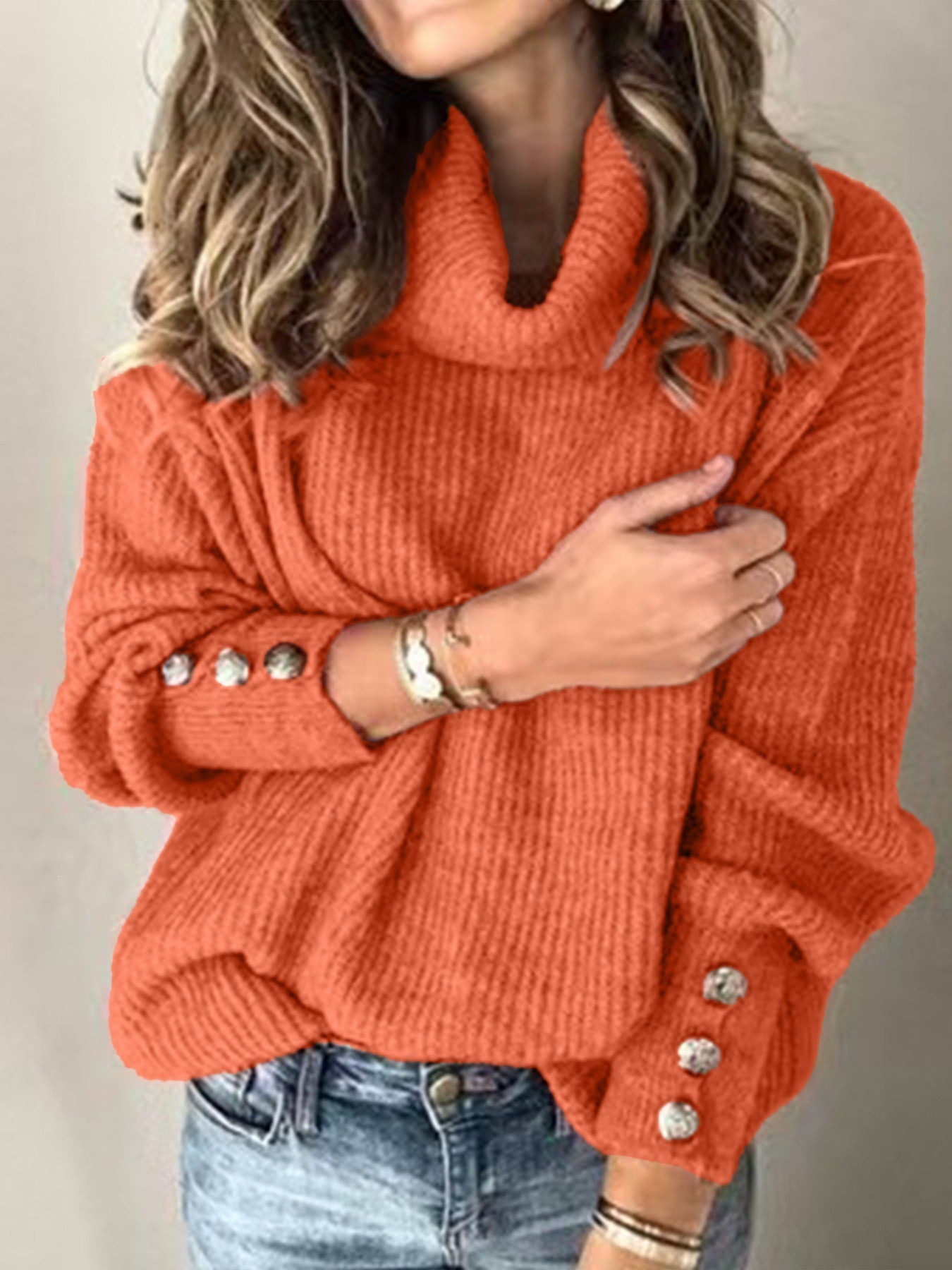 Women's Oversized Ribbed Drop Shoulder Turtleneck Sweater — View 8