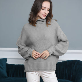 Women's Ribbed Chunky Knit Balloon Sleeve Turtleneck Sweater — View 10