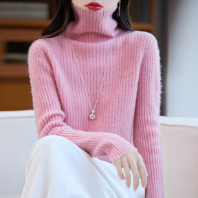 Women's Cashmere Ribbed Fine Knit Turtleneck Sweater — View 4