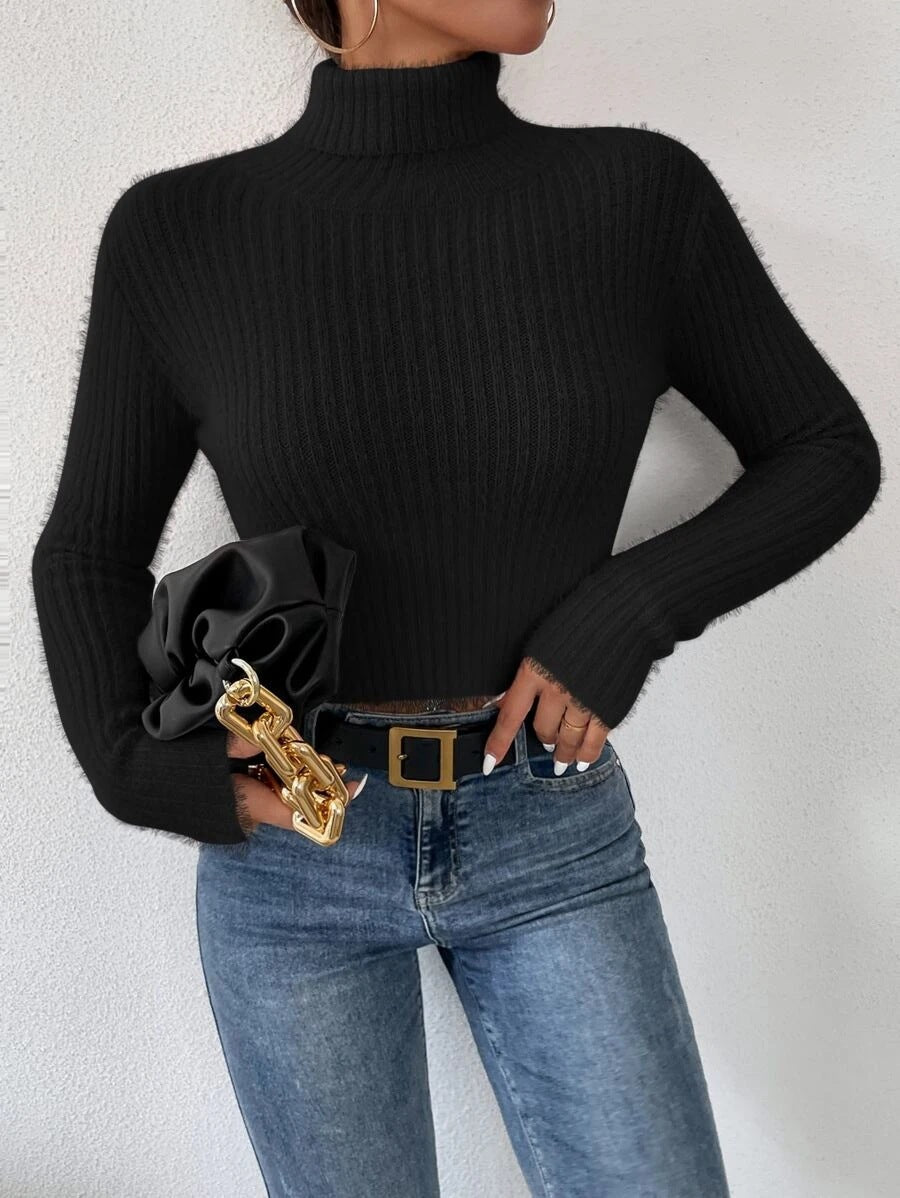 Women's Mohair Ribbed Cropped Turtleneck Sweater — View 8