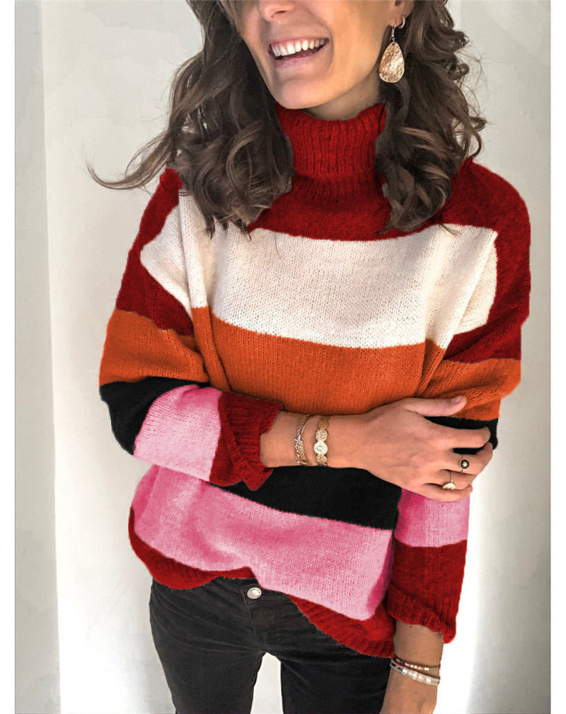 Women's Oversized Ribbed Striped Turtleneck Sweater — View 9
