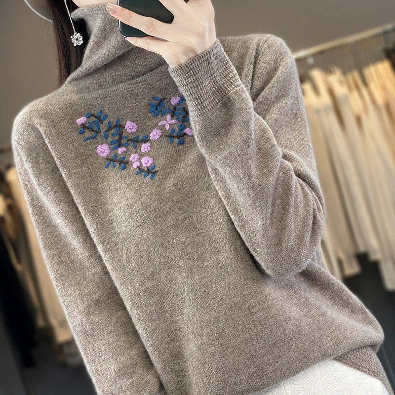 Women's Ribbed Fine Knit Floral Turtleneck Sweater — View 4