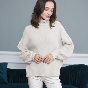 Women's Ribbed Chunky Knit Balloon Sleeve Turtleneck Sweater — View 14