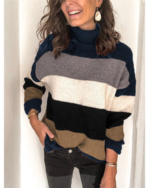 Women's Oversized Ribbed Striped Turtleneck Sweater — View 11