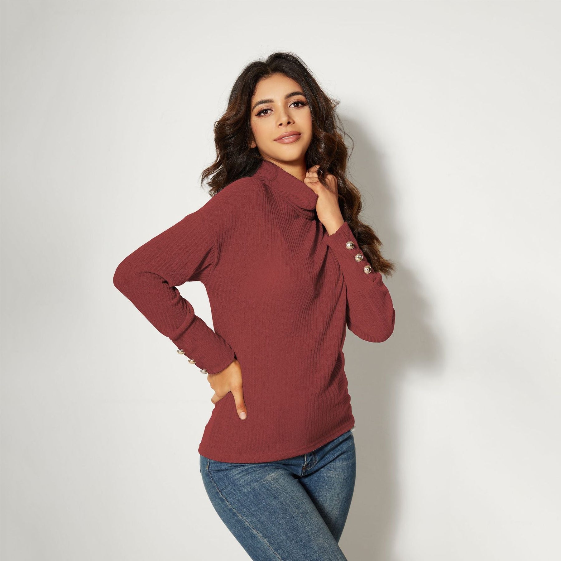 Women's Button Detail Turtleneck Sweater — View 7