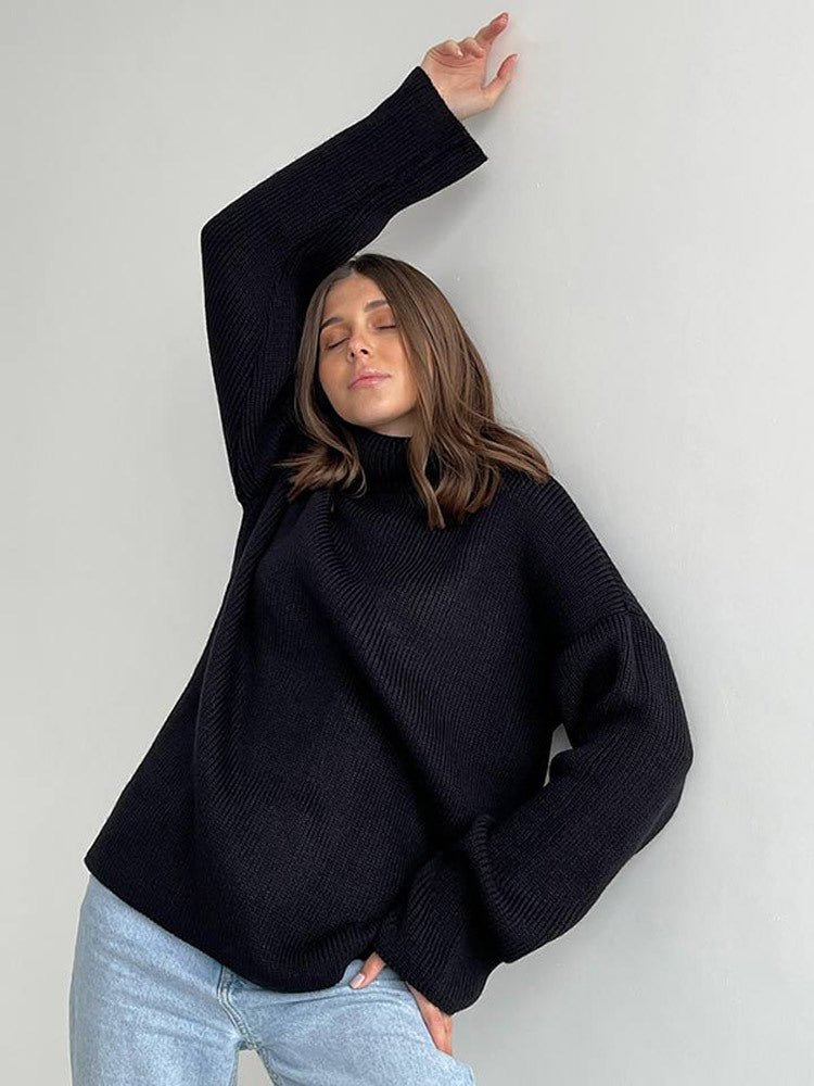 Women's Oversized Ribbed Drop Shoulder Turtleneck Sweater — View 7