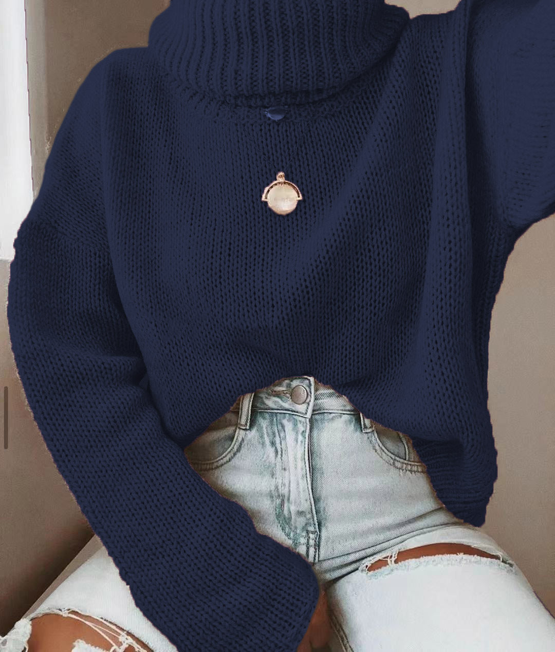 Women's Oversized Chunky Knit Turtleneck Sweater — View 13