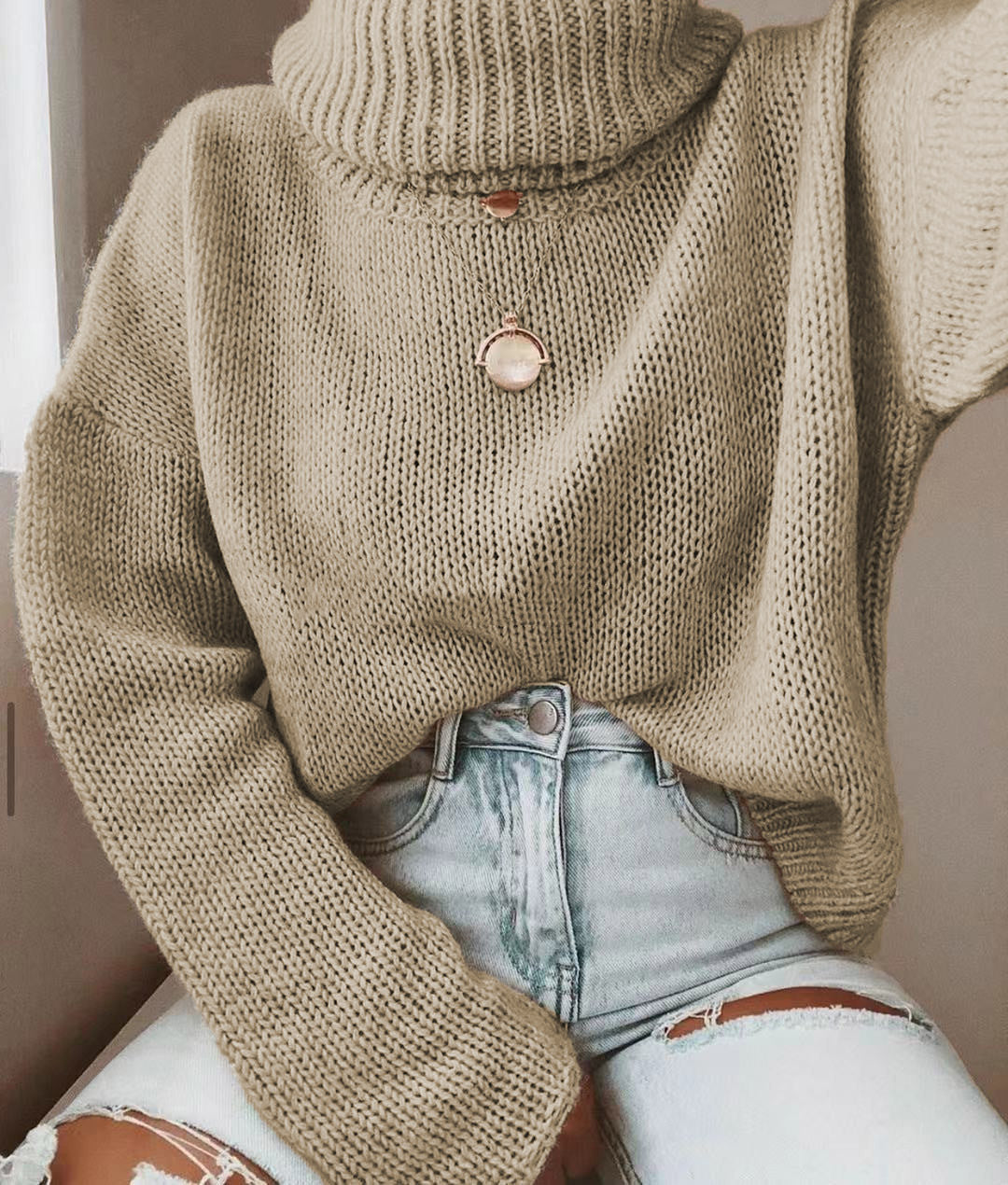 Women's Oversized Chunky Knit Turtleneck Sweater — View 2