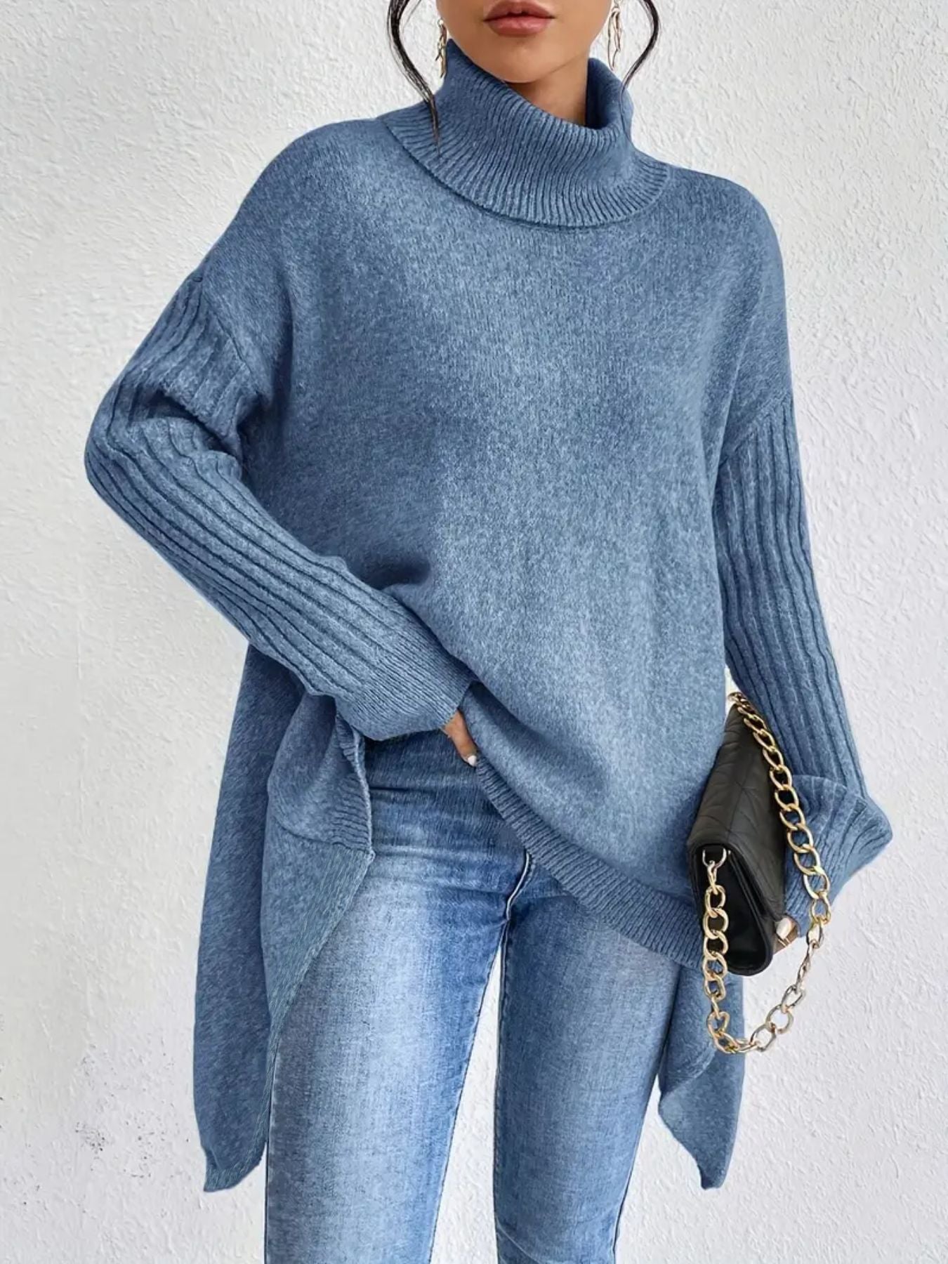 Women's Oversized Ribbed Asymmetric Turtleneck Sweater — View 3