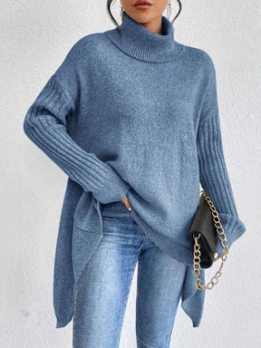 Women's Oversized Ribbed Asymmetric Turtleneck Sweater — View 3