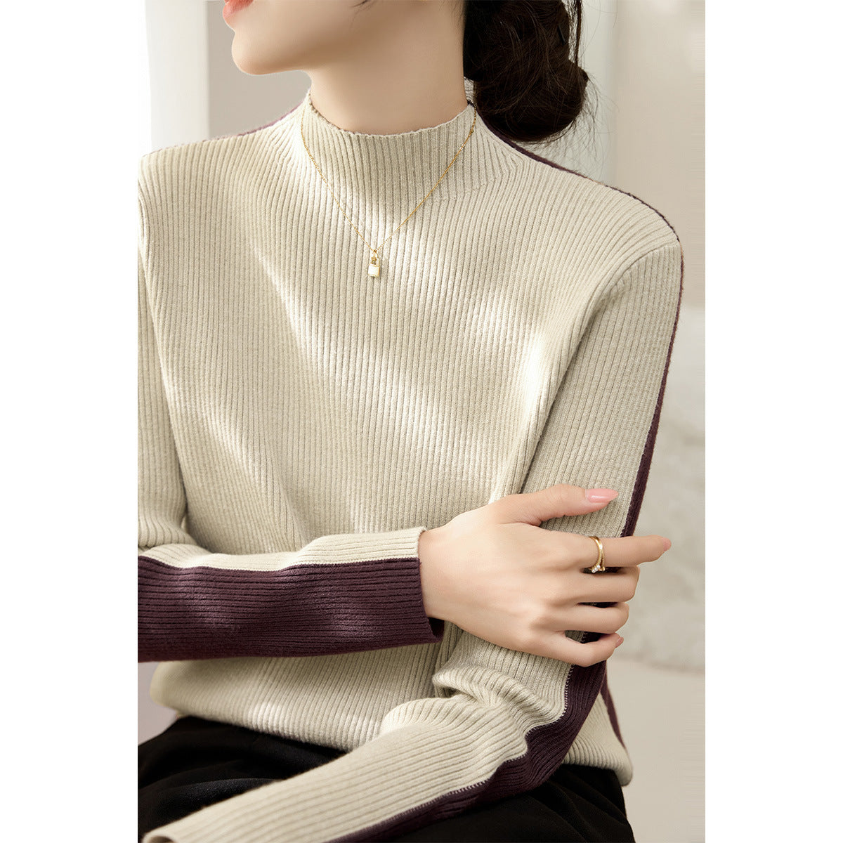 Women's Ribbed Textured Turtleneck Sweater — View 9
