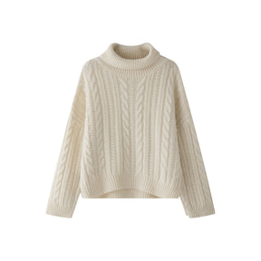 Women's Relaxed Fit Cable Knit Ribbed Turtleneck Sweater — View 5