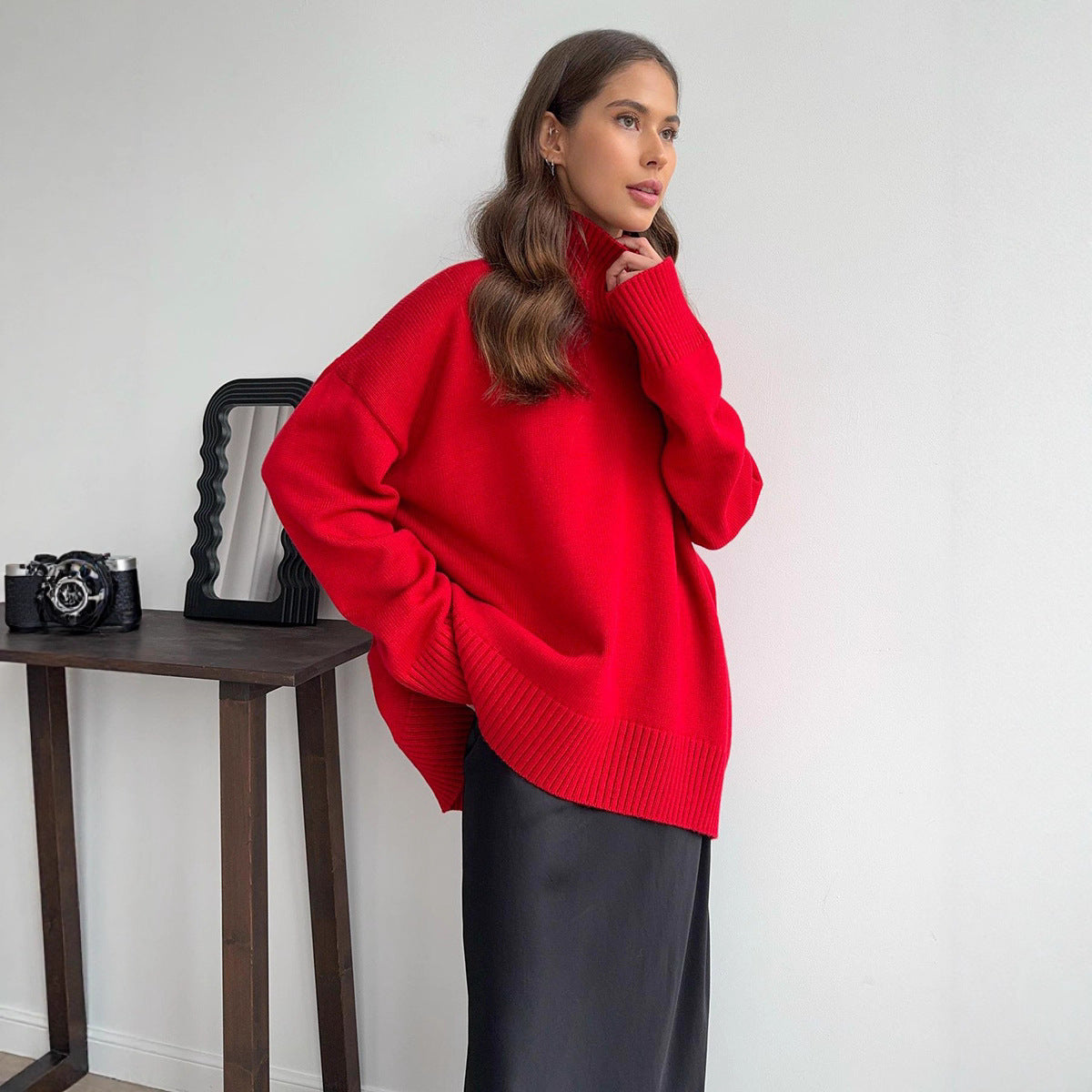 Women's Wool Blend Oversized Ribbed Turtleneck Sweater — View 3