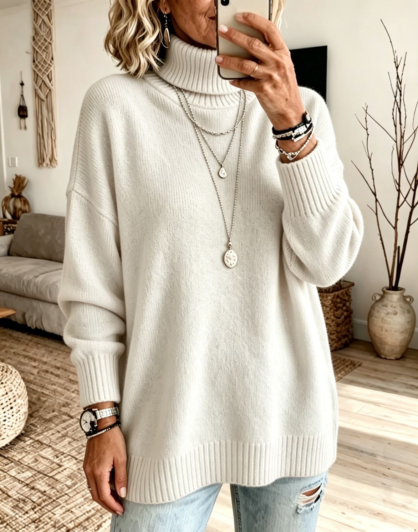 Women's Oversized Ribbed Fine Knit Turtleneck Sweater — View 14
