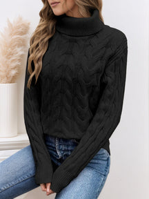 Women's Cable Knit Textured Turtleneck Sweater — View 6