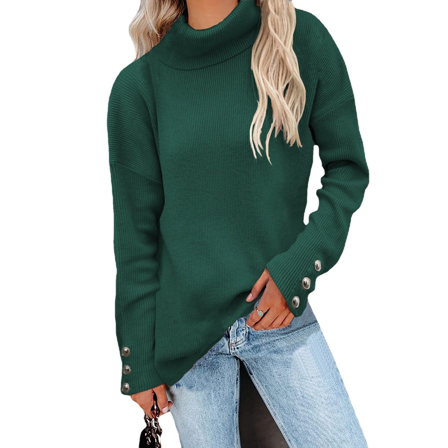 Women's Striped Button Detail Turtleneck Sweater — View 5