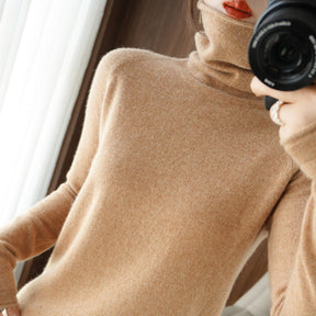 Women's Fitted Fine Knit Thumbhole Turtleneck Sweater — View 7